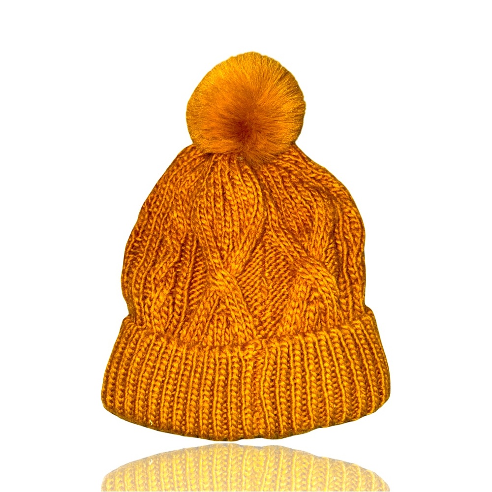 ZARA Women's Mustard Yellow Chunky Knit Beanie with Pom-Pom: NWOT